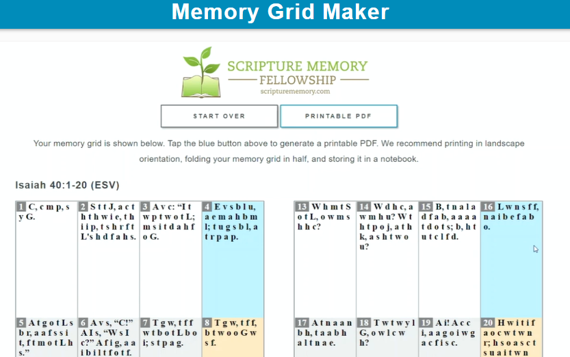 First letter memory grid