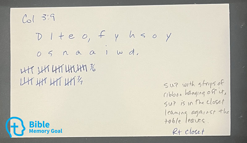 A memory verse flashcard with the first letter method