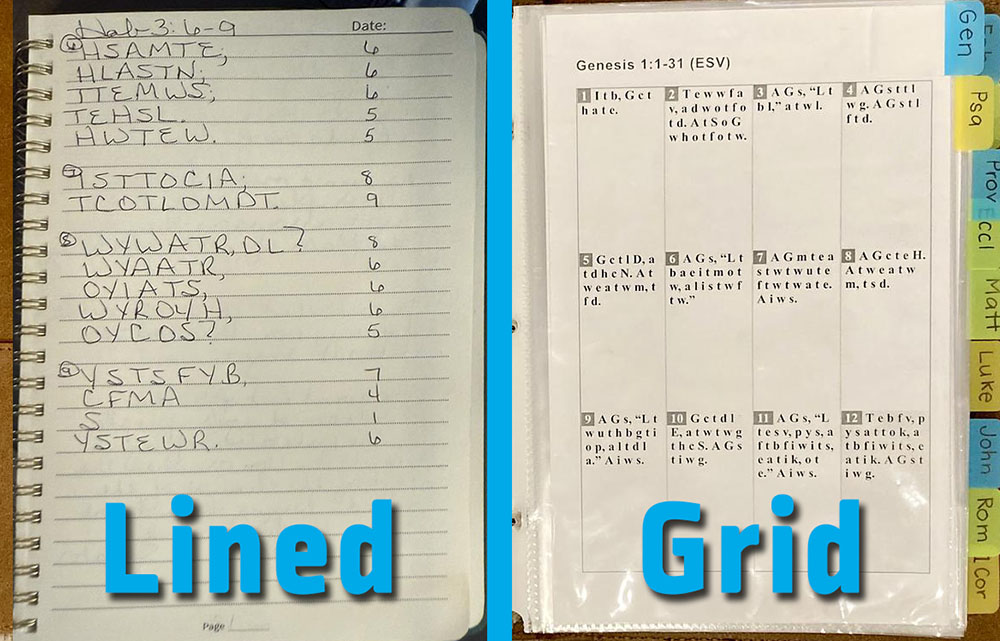 Lined first letter method versus grid in a notebook